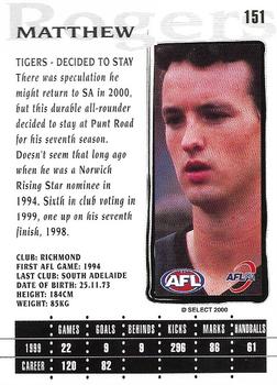 2000 Select AFL Millennium #151 Matthew Rogers Back